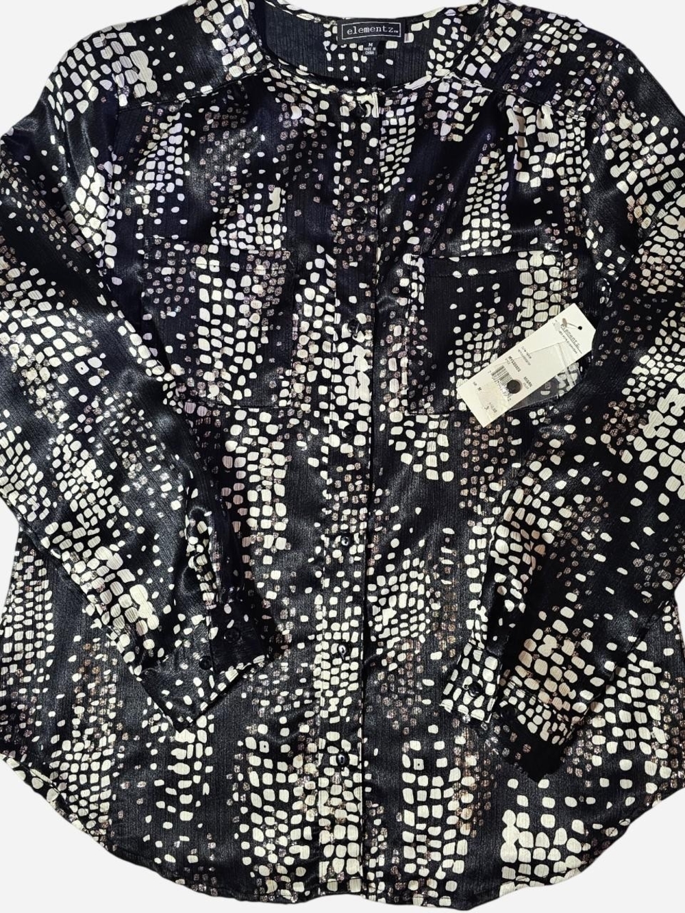 Elementz Black & White Abstract Sparkle Gold Dot-Print Blouse